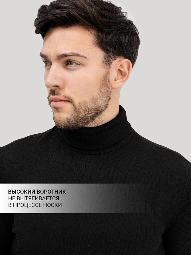 Черный лонгслив с воротником-стойкой из египетского хлопка - 3