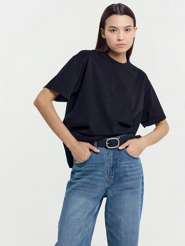 Хлопковая свободная футболка черного цвета - 6