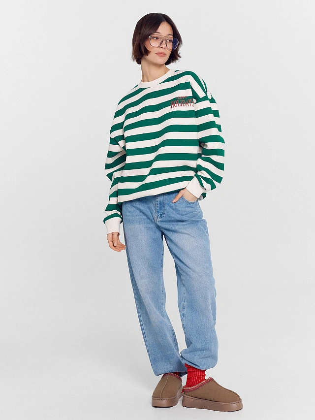 Свитшот женский в молочно-зеленую полоску - 2