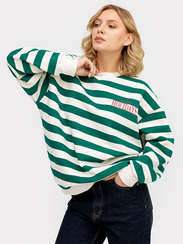 Свитшот женский в молочно-зеленую полоску - 3