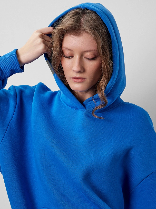 Теплое худи женское голубое с капюшоном - 5