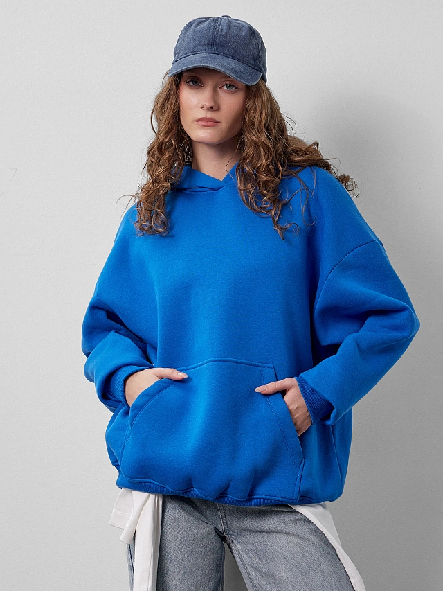 Теплое худи женское голубое с капюшоном - 9