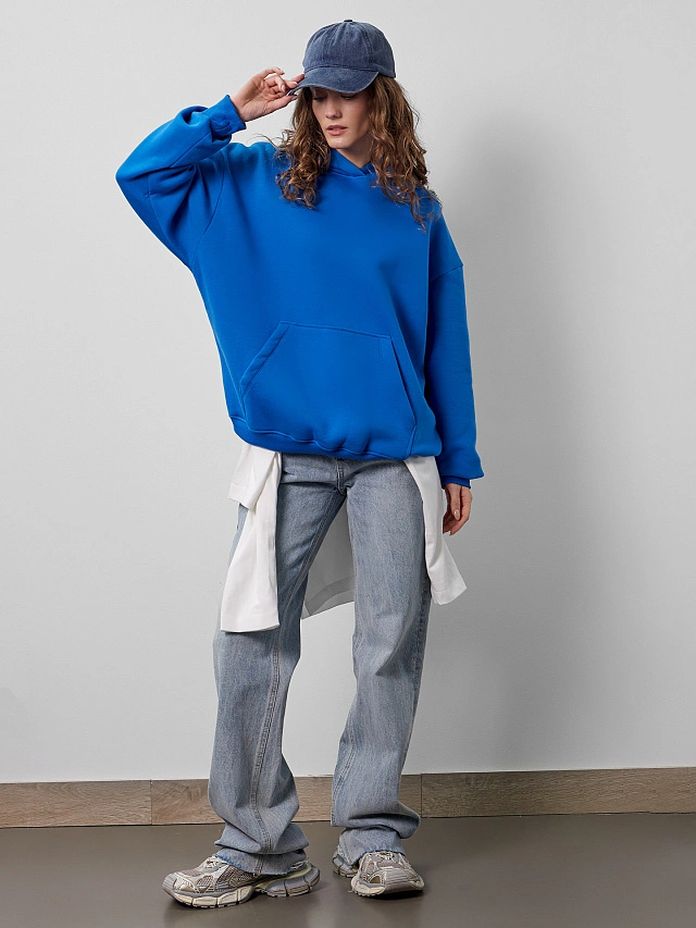 Теплое худи женское голубое с капюшоном - 10