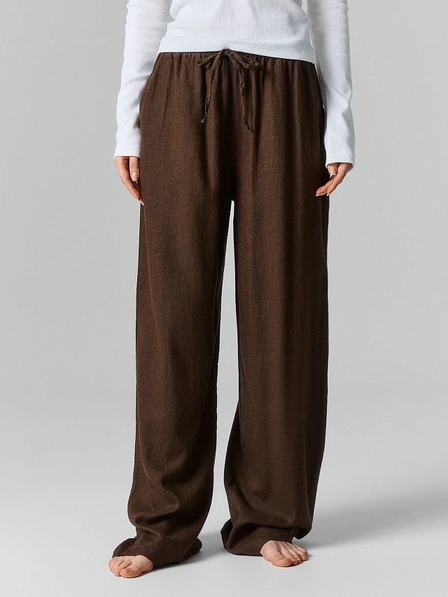 Брюки женские домашние из вискозы и льна коричневые - 2