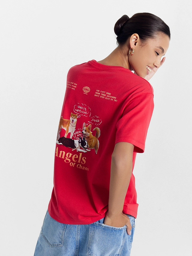 Футболка женская красная с печатью - 6