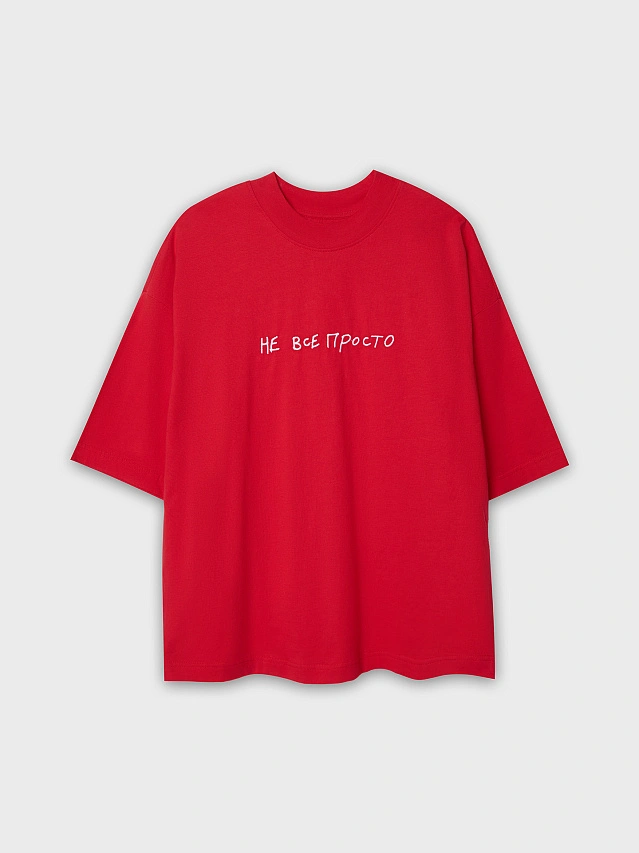 Футболка женская красная с вышивкой "не всё просто" - 5