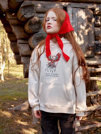 Худи для девочек бело-бежевое с жар-птицей