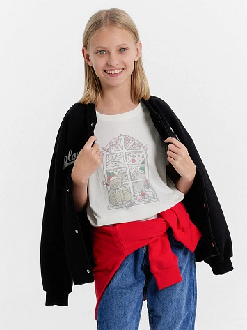 Футболка для девочек кремовая с принтом