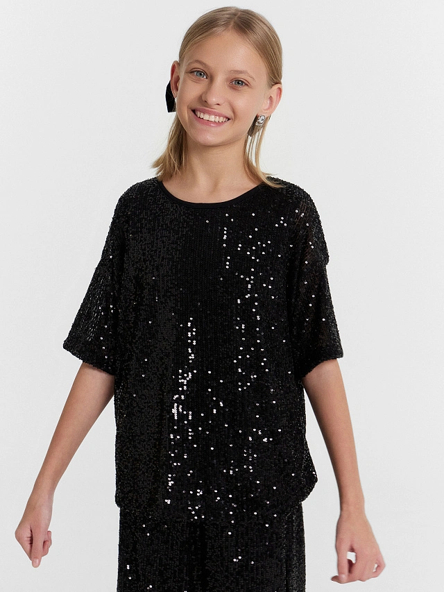 Блузка для девочек черная в пайетки - 2