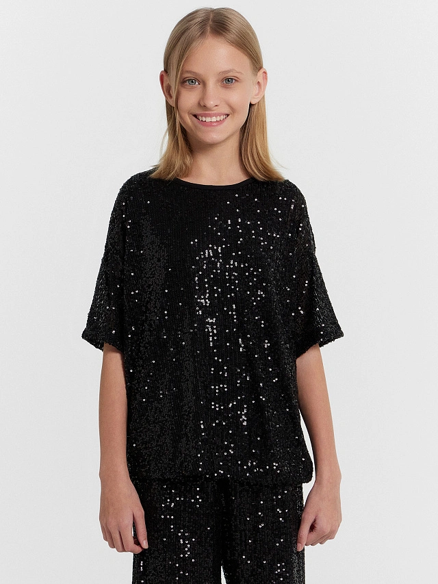Блузка для девочек черная в пайетки - 3