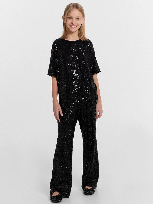 Блузка для девочек черная в пайетки - 4