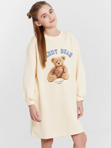 Платье для девочек бежевое с принтом "teddy bear"