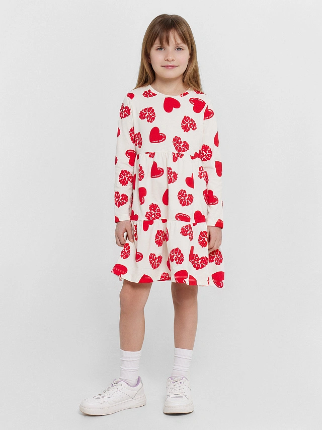 Платье для девочек кремовое с принтом "сердечки" - 3