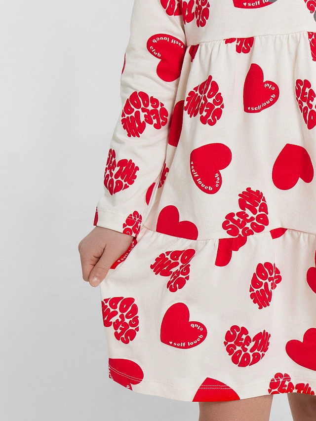 Платье для девочек кремовое с принтом "сердечки" - 6