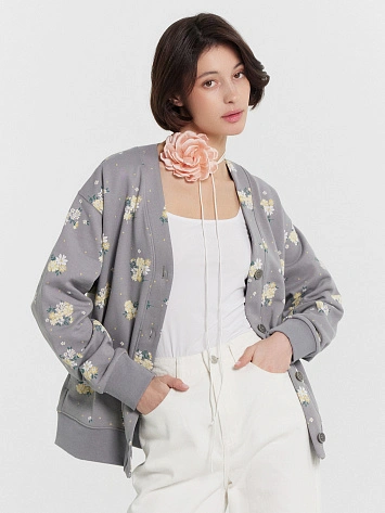 Кардиган серый с цветочным принтом
