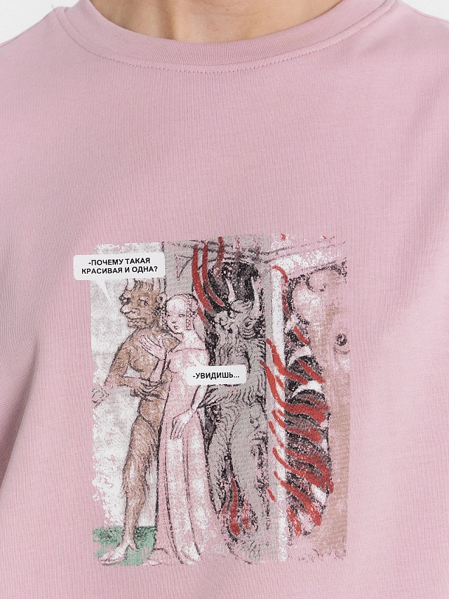 Футболка женская розовая  с принтом и надписью "Почему такая красивая и одна?" - 4