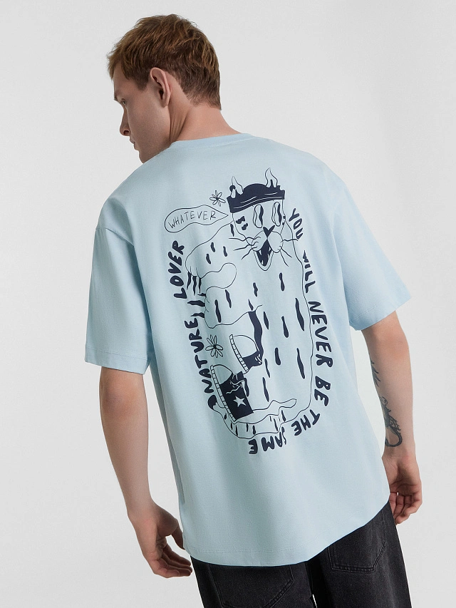 Футболка мужская голубая  с принтом и надписью "You will never be the same " - 6