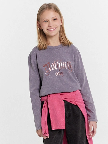 Лонгслив для девочек серый с обработкой эйсид