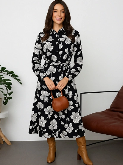 картинка Платье рубашка женское черное с цветочным принтом  от магазина стильной одежды Mark Formelle