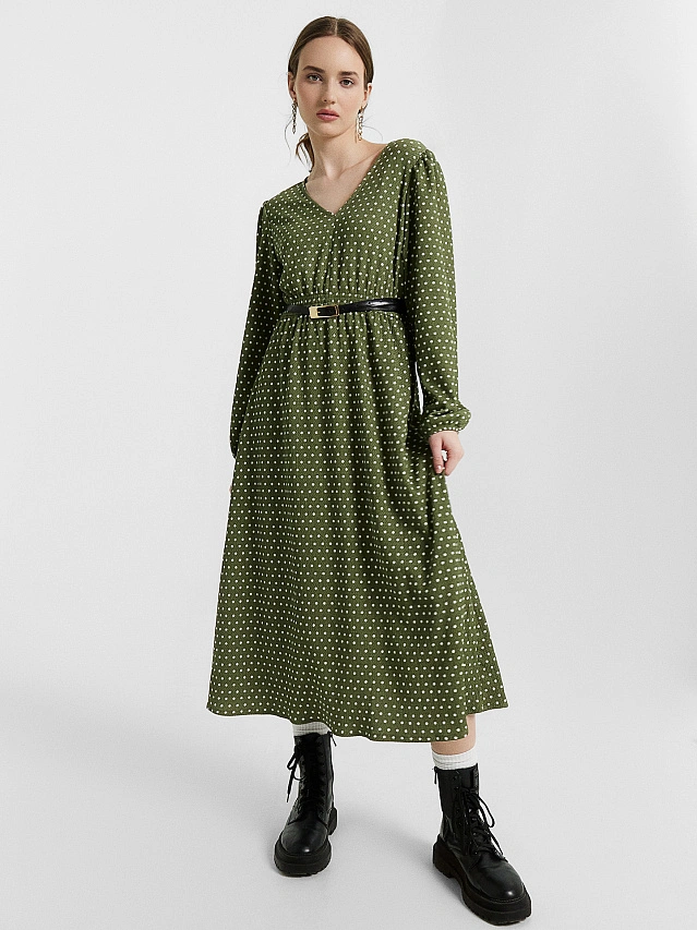 Платье женское зеленое в горошек - 7