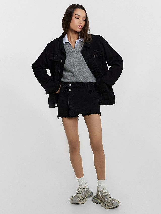 Шорты-юбка женские джинсовые черные - 2