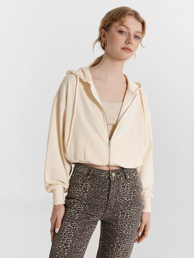 Толстовка женская бежевая укороченная на молнии - 7