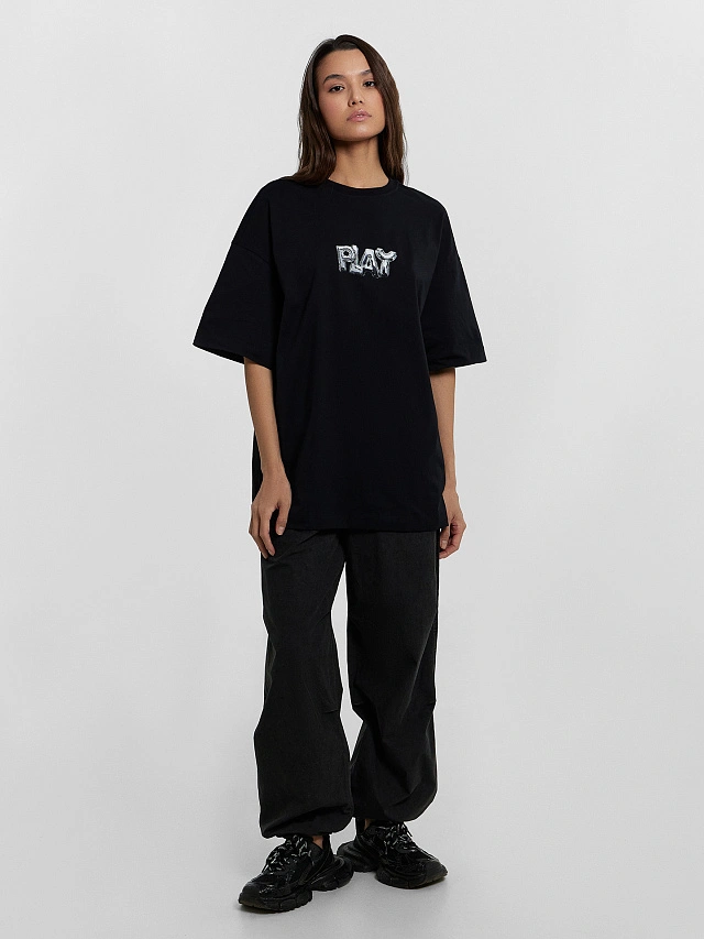 Футболка женская оверсайз черная с принтом "Play" - 3