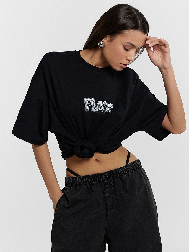 Футболка женская оверсайз черная с принтом "Play" - 5