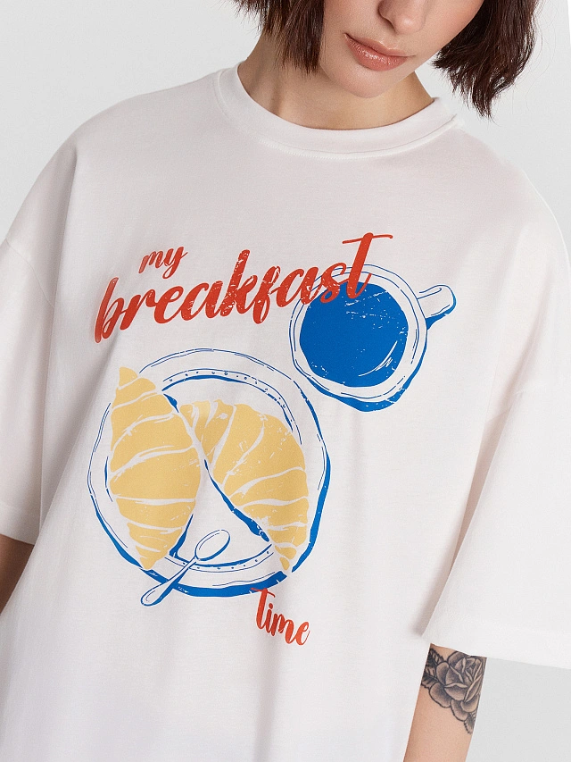 Футболка женская белая с принтом "my breakfast time" - 4