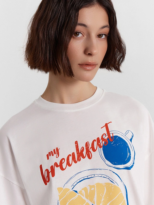 Футболка женская белая с принтом "my breakfast time" - 5