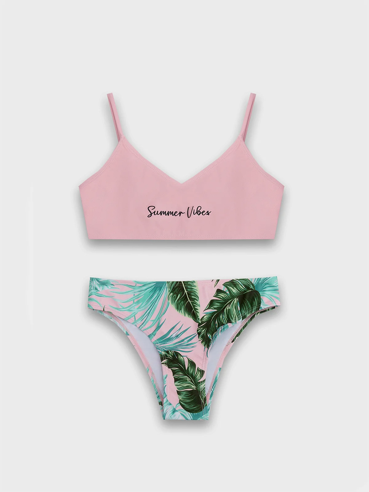Купальник для девочек раздельный с тропическим принтом и надписью "summer vibes" - 5