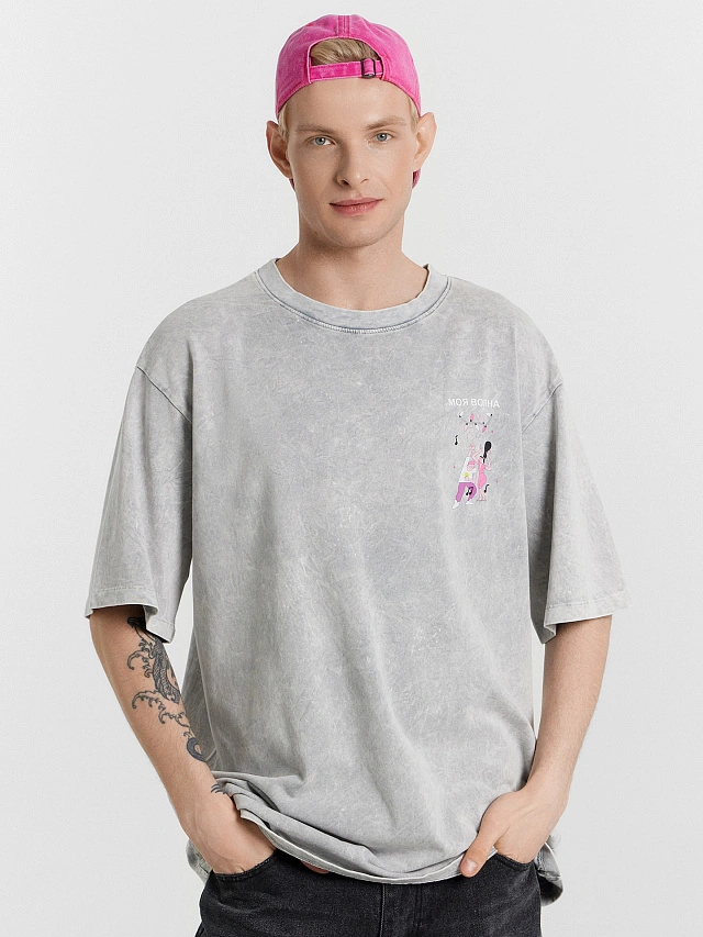 Футболка мужская серая с обработкой эйсид и принтом "Моя волна" - 5