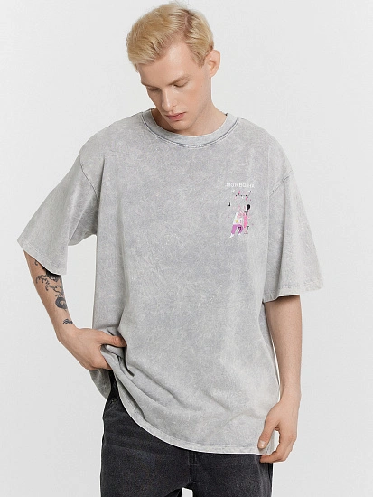 картинка Футболка мужская серая с обработкой эйсид и принтом "Моя волна" от магазина мужской одежды Mark Formelle