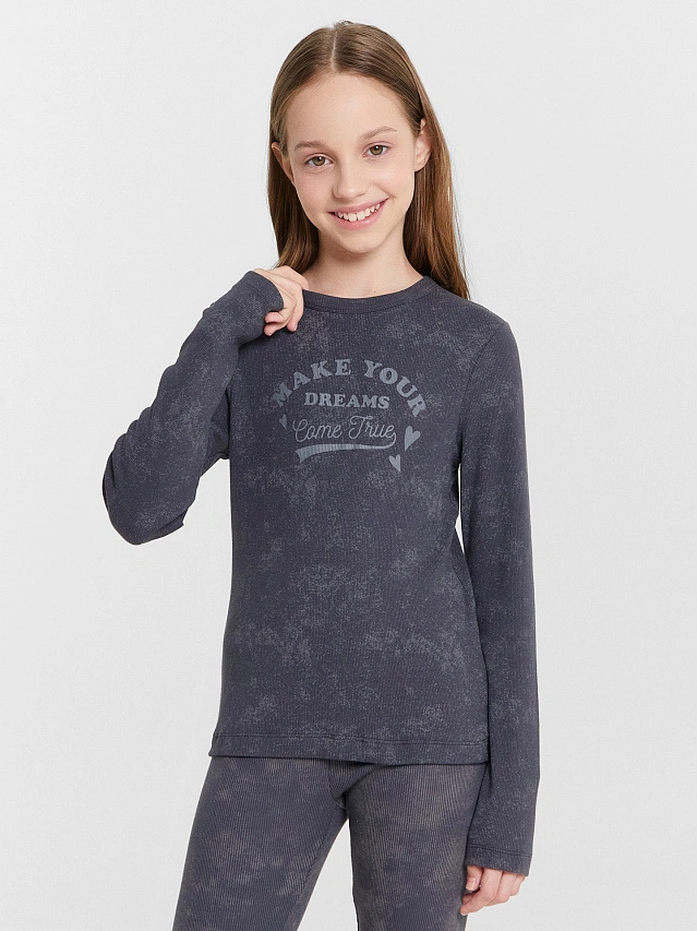 Лонгслив для девочек серый с обработкой эйсид и надписью "make your dream" - 2