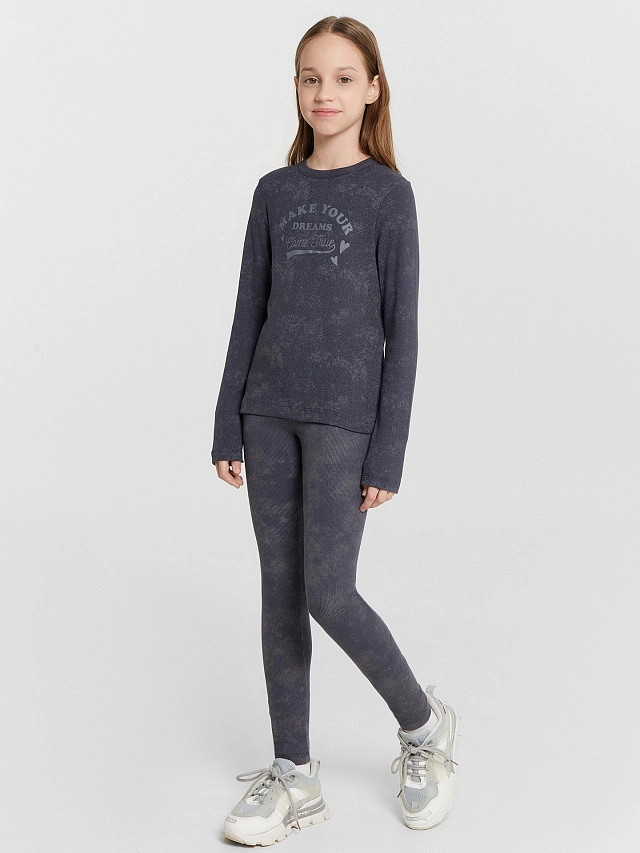 Лонгслив для девочек серый с обработкой эйсид и надписью "make your dream" - 3