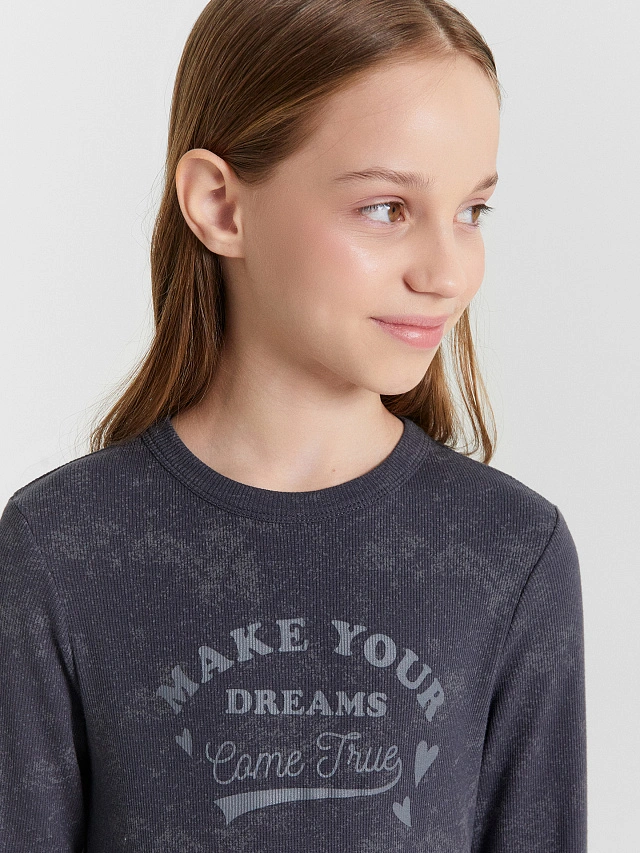 Лонгслив для девочек серый с обработкой эйсид и надписью "make your dream" - 5
