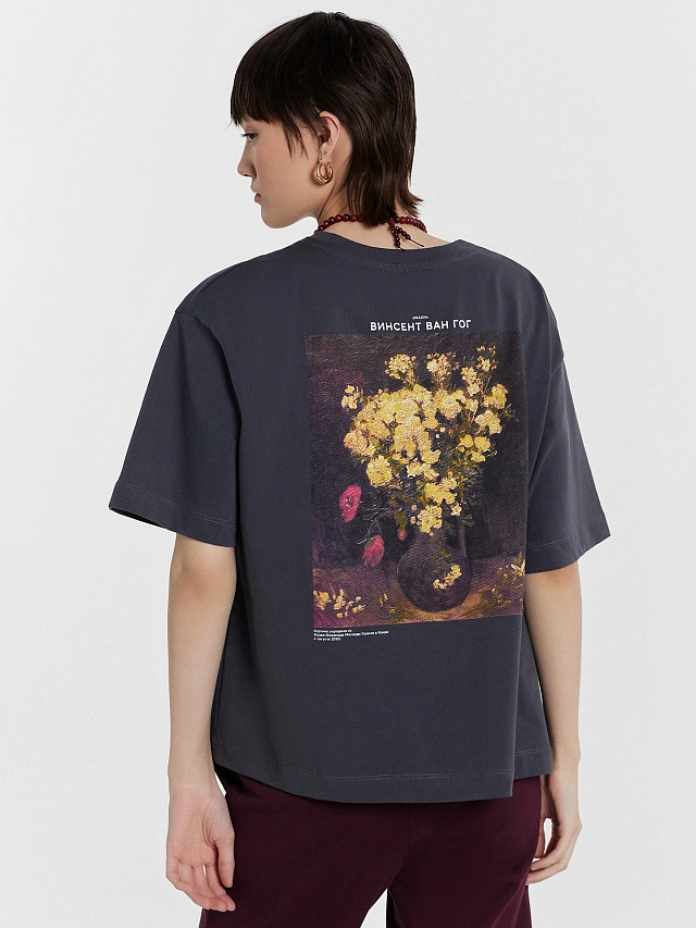 Футболка женская серая с принтом "Винсент Ван Гог, Маки" - 7