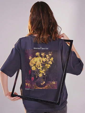 Футболка женская серая с принтом "винсент ван гог, маки"