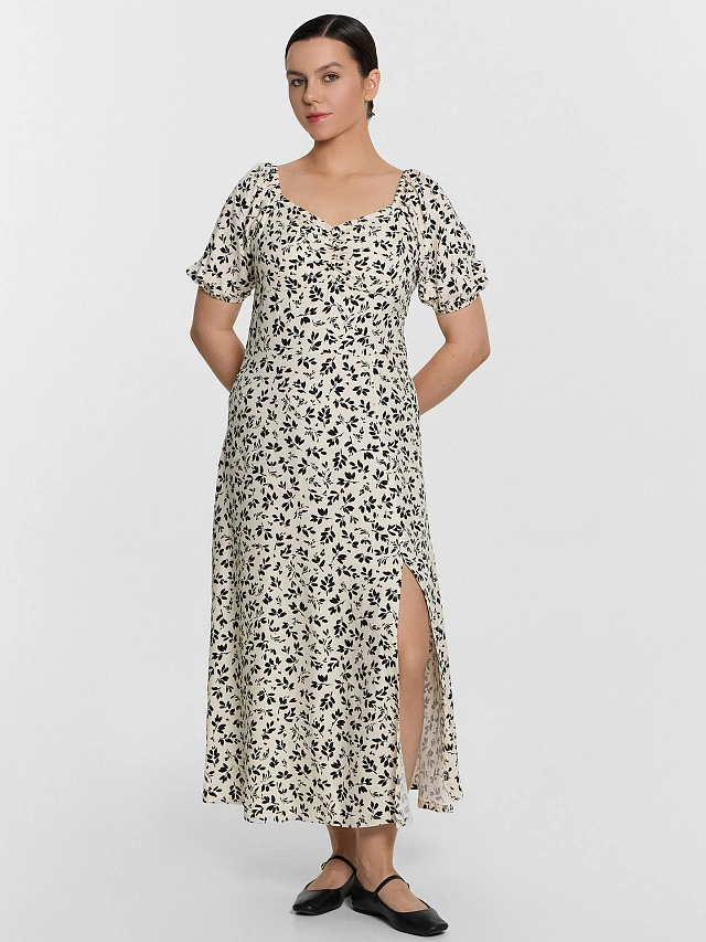 Платье женское бежевое с цветочным принтом - 2