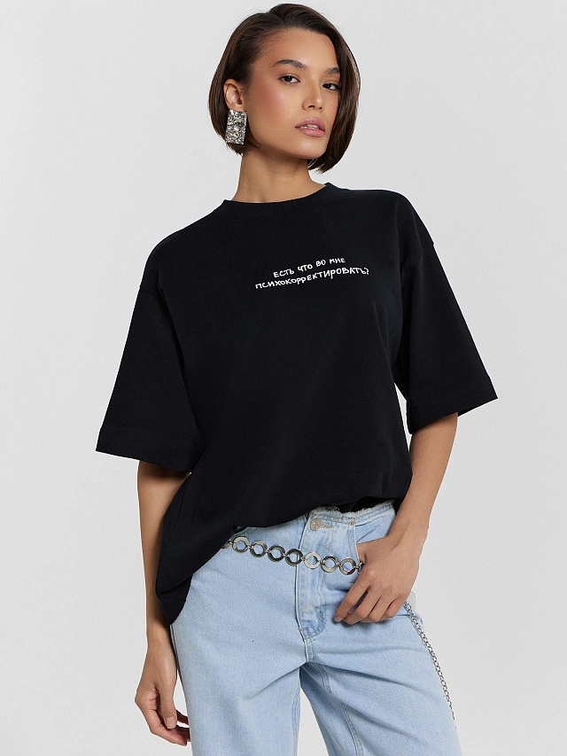 Футболка женская черная с надписью "Есть что во мне психокорректировать?" - 5