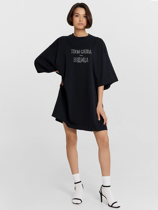 Футболка женская черная с надписью из страз "Твои слова - водица" - 3