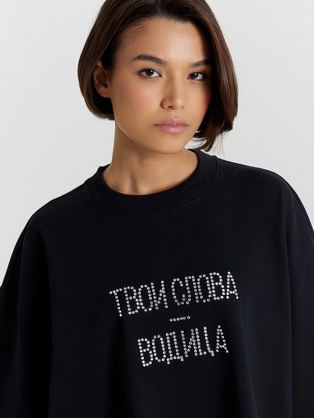 Футболка женская черная с надписью из страз "Твои слова - водица" - 4