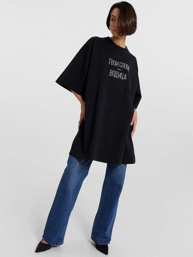 Футболка женская черная с надписью из страз "Твои слова - водица" - 6