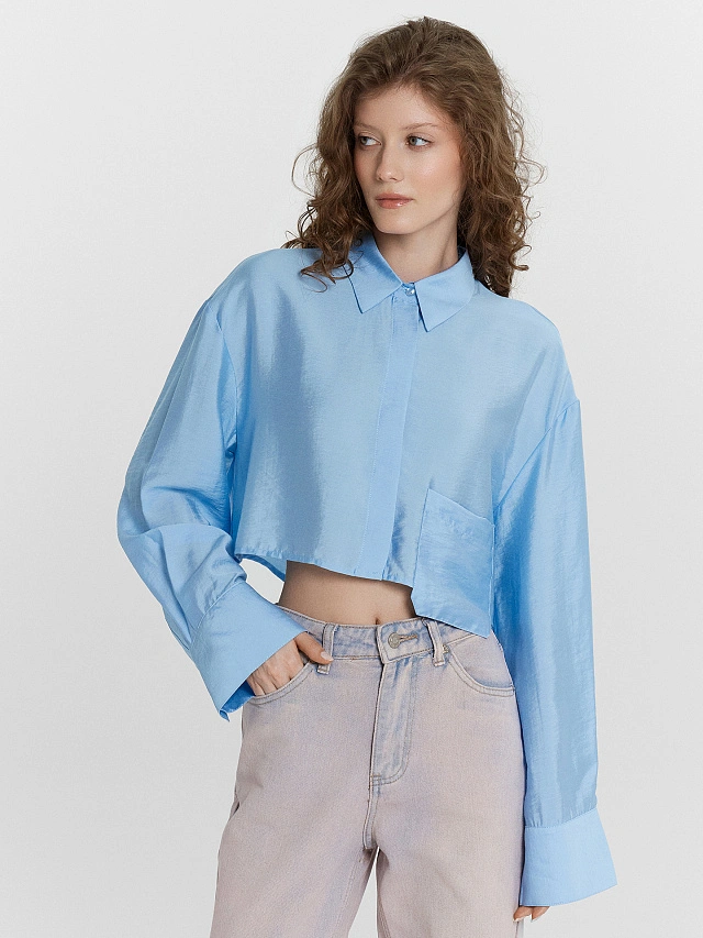Рубашка женская голубая укороченная - 2