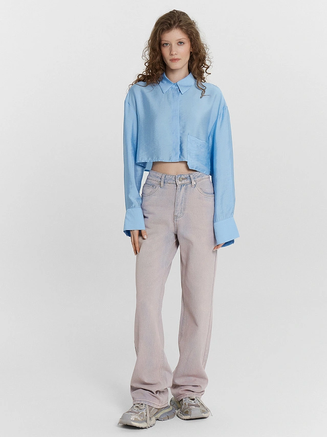 Рубашка женская голубая укороченная - 3