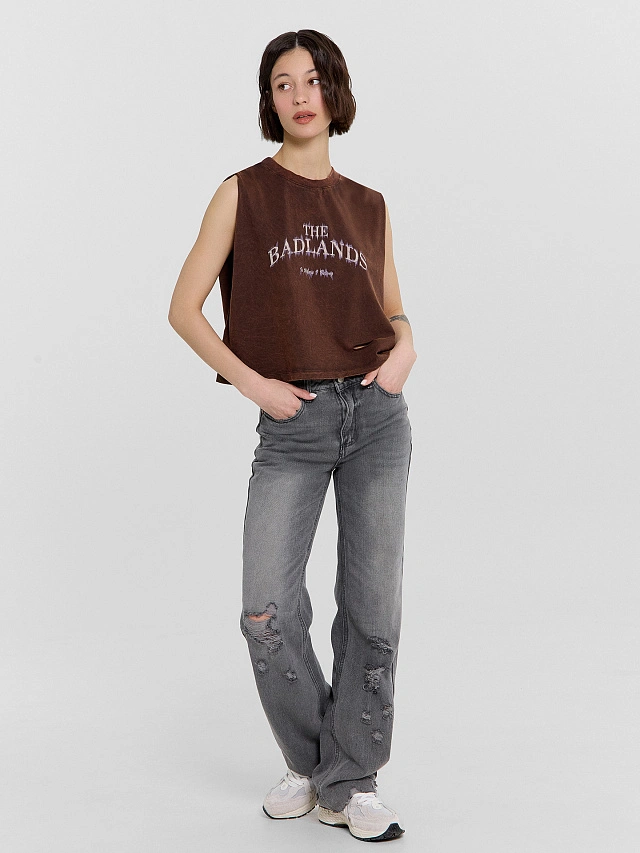Топ женский коричневый с обработкой эйсид и надписью "The badlands" - 3
