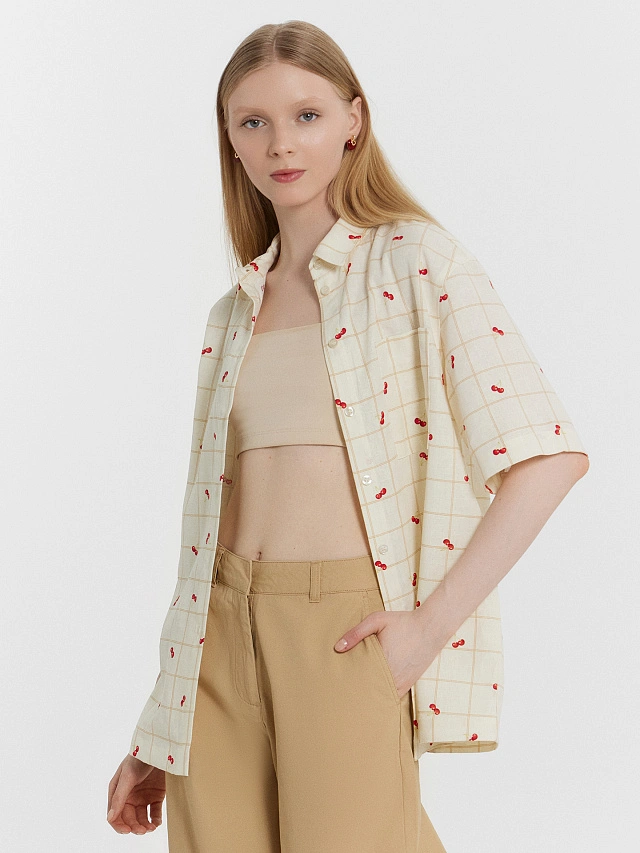 Рубашка женская бежевая в клетку - 6