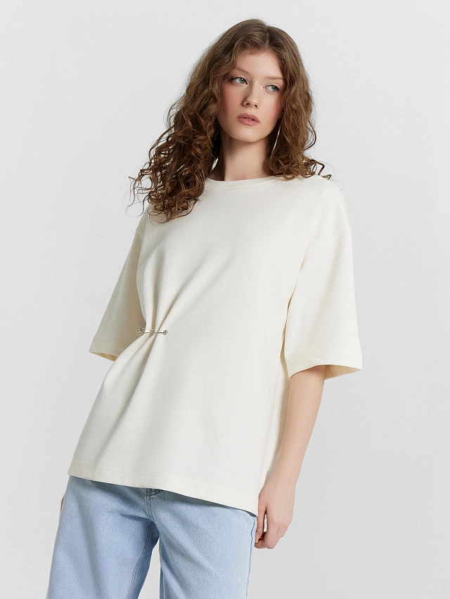 Футболка женская кремовая оверсайз - 5
