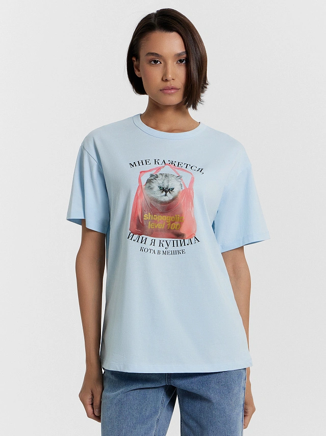 Футболка женская голубая с принтом "мне кажется, или я купила кота в мешке" - 2