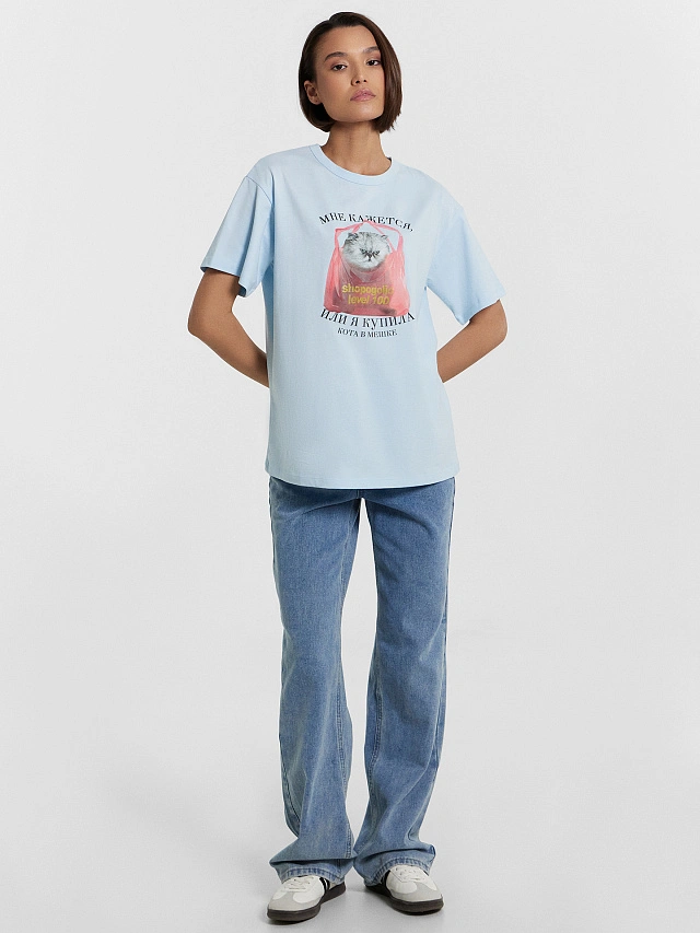 Футболка женская голубая с принтом "мне кажется, или я купила кота в мешке" - 4